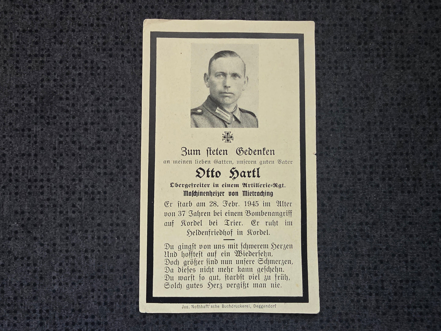 Sterbebild Obergefreiter Mintraching Artillerie Regt. Endkampf Kordel Trier - www.mmilitaria.com