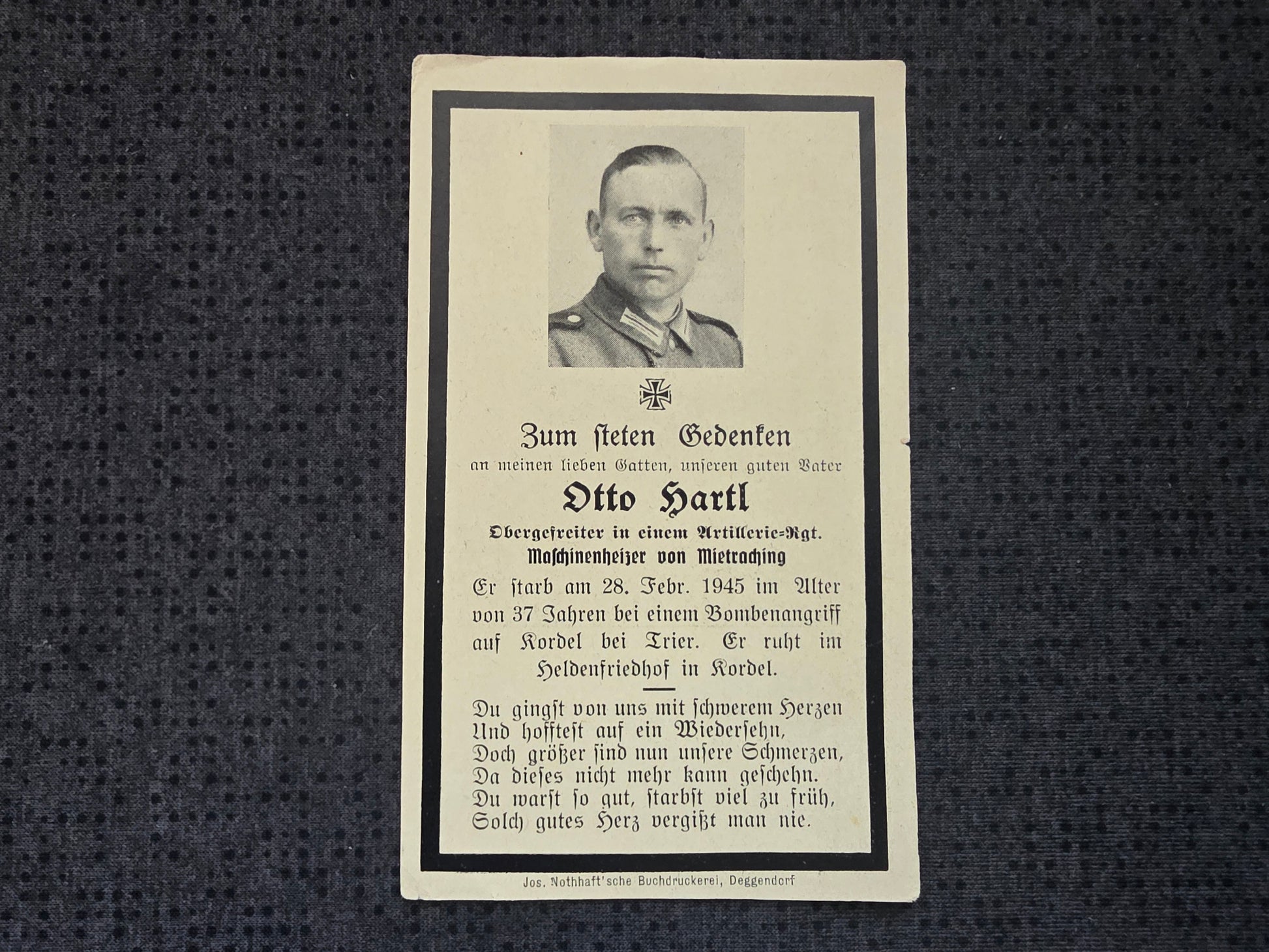 Sterbebild Obergefreiter Mintraching Artillerie Regt. Endkampf Kordel Trier - www.mmilitaria.com
