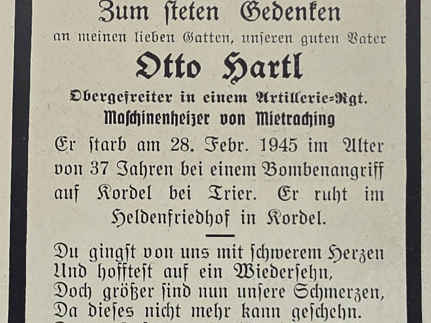 Sterbebild Obergefreiter Mintraching Artillerie Regt. Endkampf Kordel Trier - www.mmilitaria.com