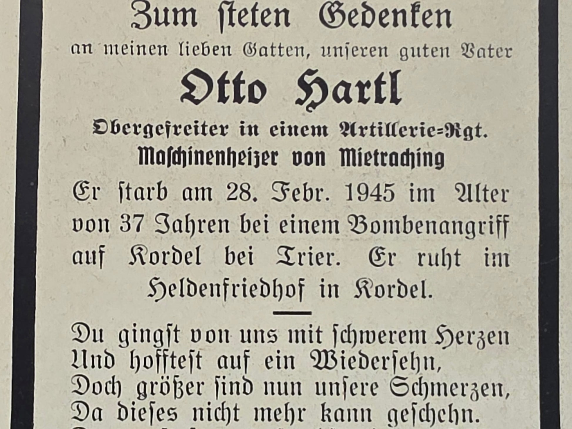 Sterbebild Obergefreiter Mintraching Artillerie Regt. Endkampf Kordel Trier - www.mmilitaria.com