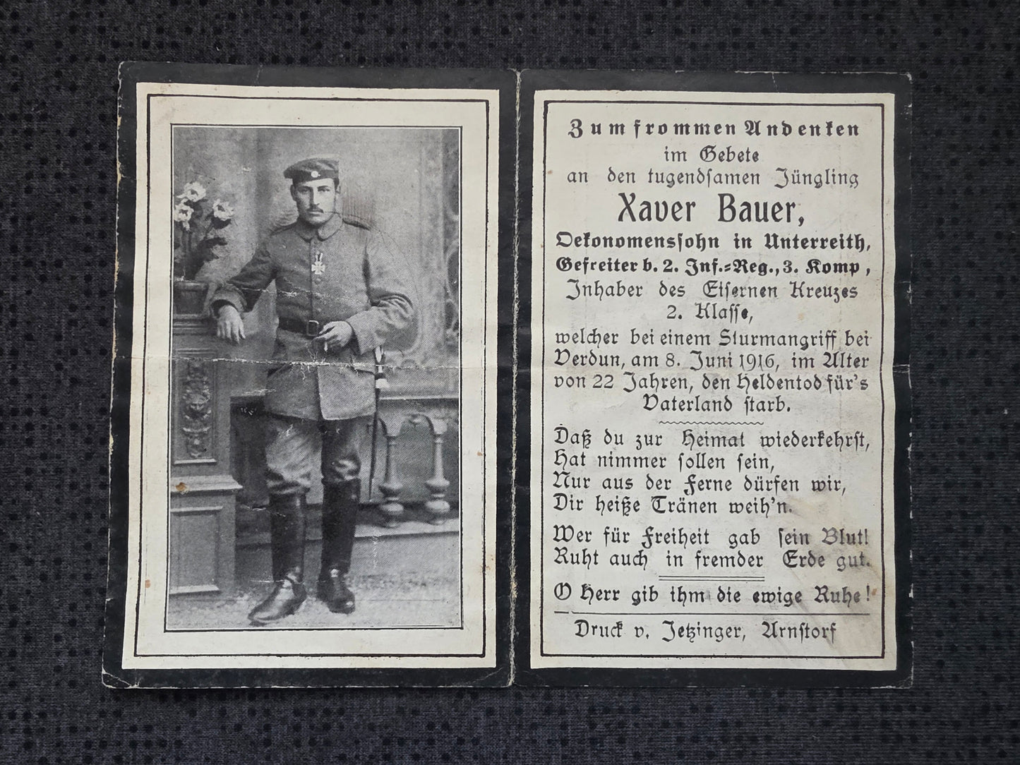 Sterbebild Gefreiter Unterreith 3. Komp. Inf. Regt. 2 Sturmangriff Verdun Frankreich - www.mmilitaria.com