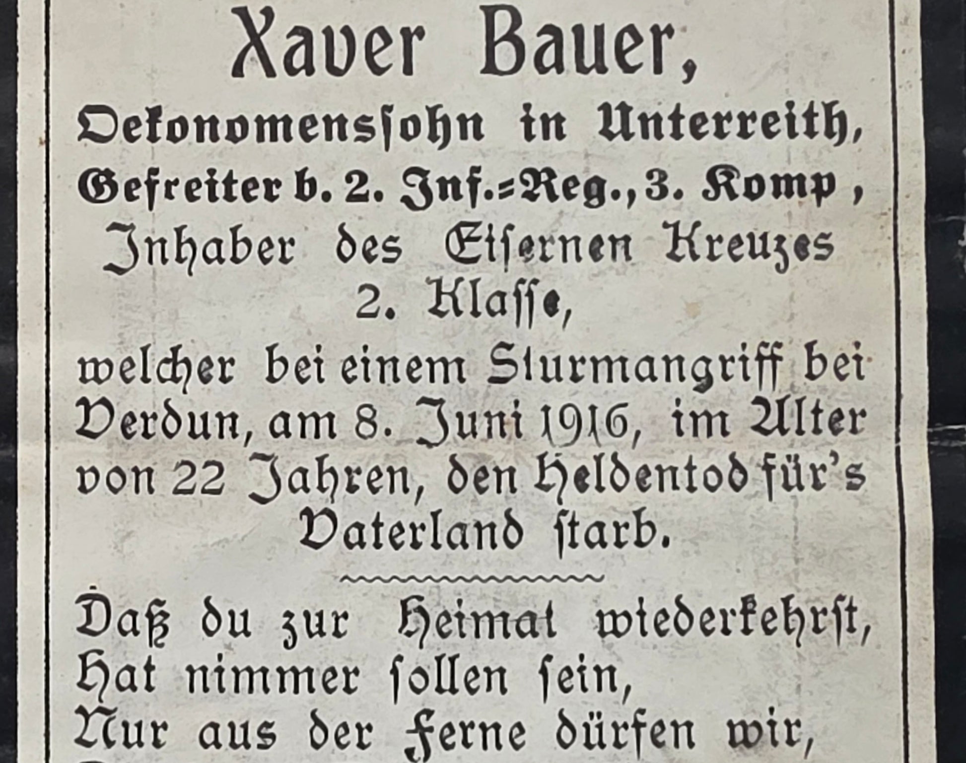 Sterbebild Gefreiter Unterreith 3. Komp. Inf. Regt. 2 Sturmangriff Verdun Frankreich - www.mmilitaria.com