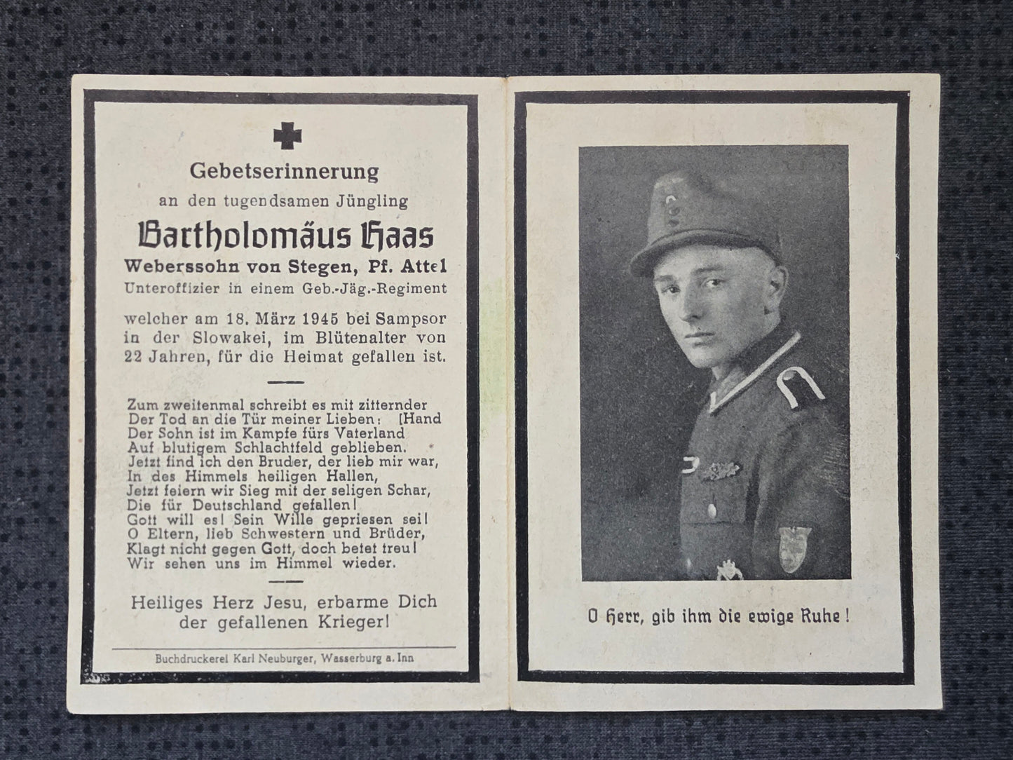 Sterbebild Unteroffizier Stegen Gebirgsjäger Regt. Endkampf Höhe 470 Slowakei - www.mmilitaria.com
