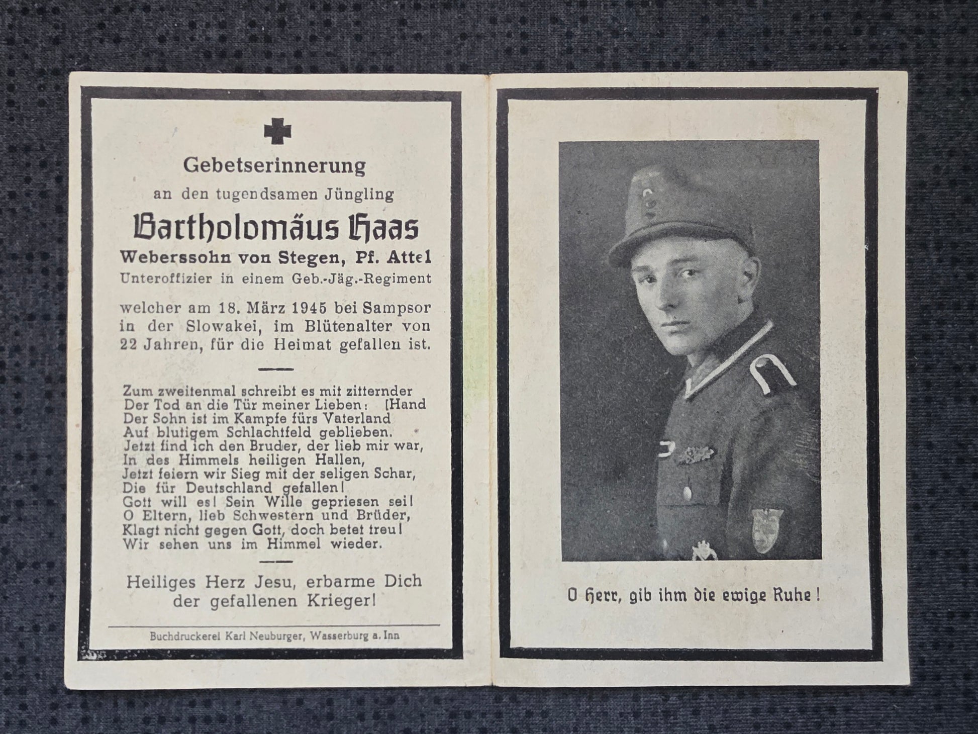 Sterbebild Unteroffizier Stegen Gebirgsjäger Regt. Endkampf Höhe 470 Slowakei - www.mmilitaria.com
