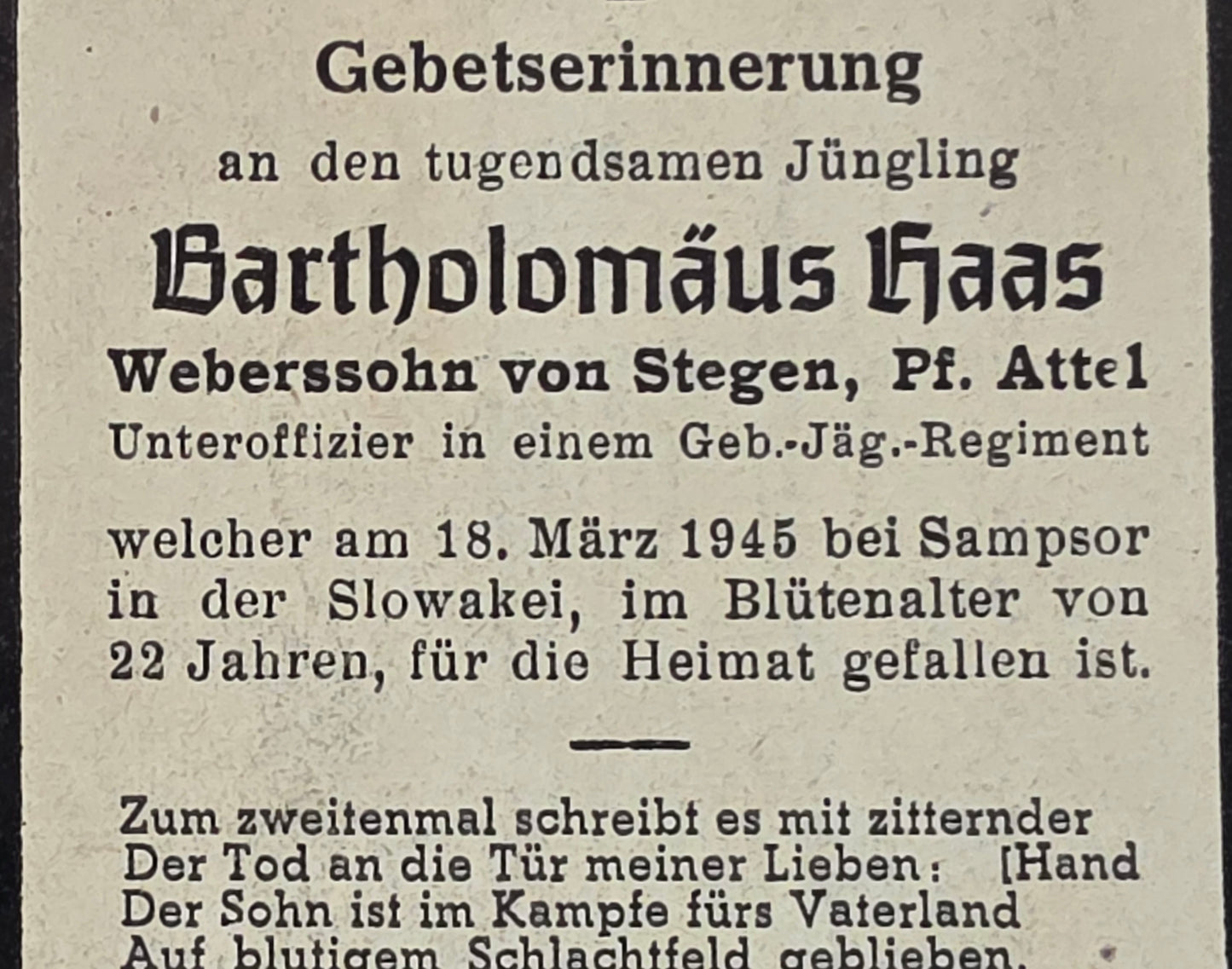 Sterbebild Unteroffizier Stegen Gebirgsjäger Regt. Endkampf Höhe 470 Slowakei - www.mmilitaria.com