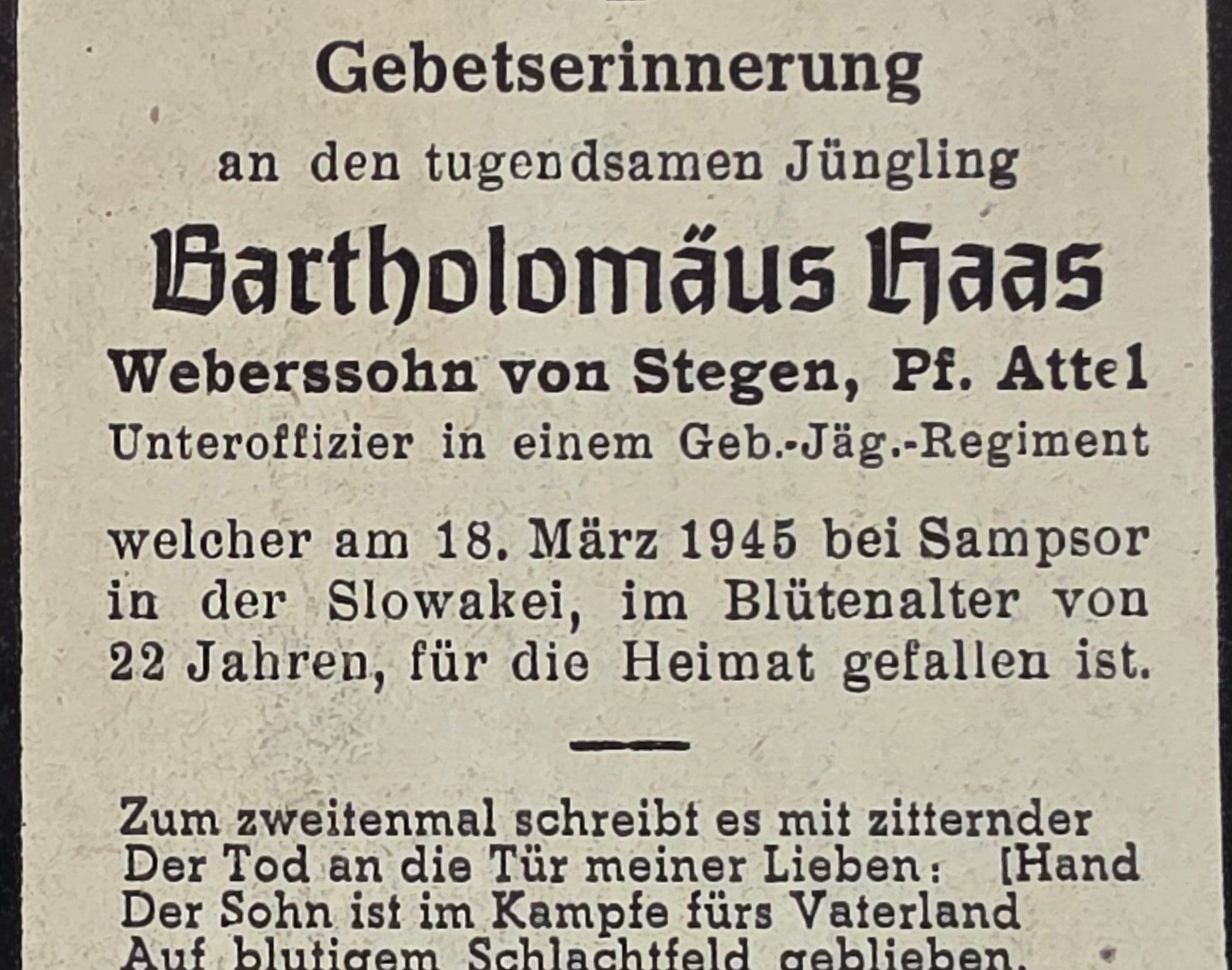 Sterbebild Unteroffizier Stegen Gebirgsjäger Regt. Endkampf Höhe 470 Slowakei - www.mmilitaria.com