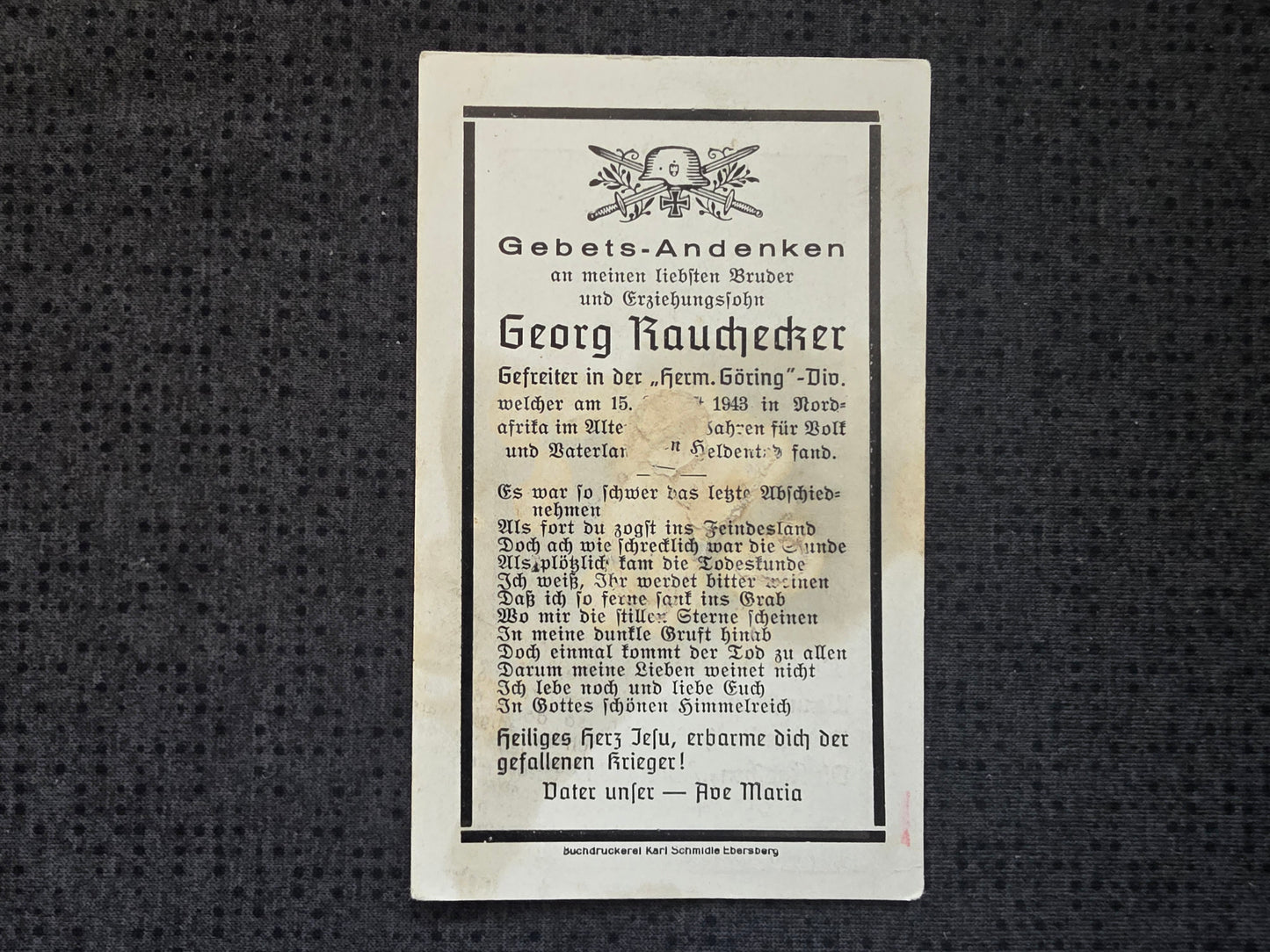 Sterbebild Gefreiter Eglfing 3. Panzer-Pio. Btl. "Hermann Göring" HG Dely-Ibrahim Algerien - www.mmilitaria.com