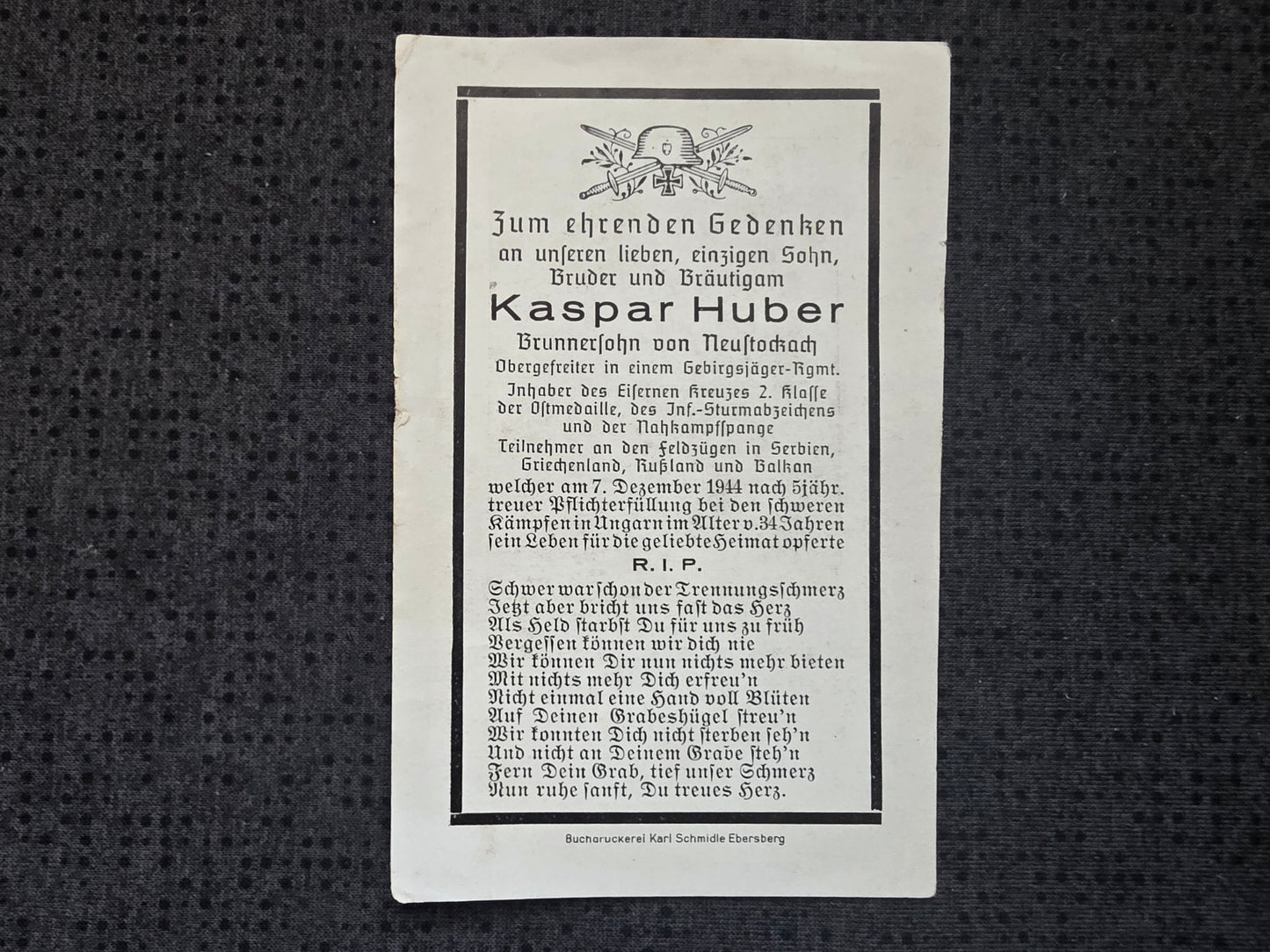Sterbebild Obergefreiter Neustockach Gebirgsjäger Regt. NKS Ungarn Kroatien - www.mmilitaria.com