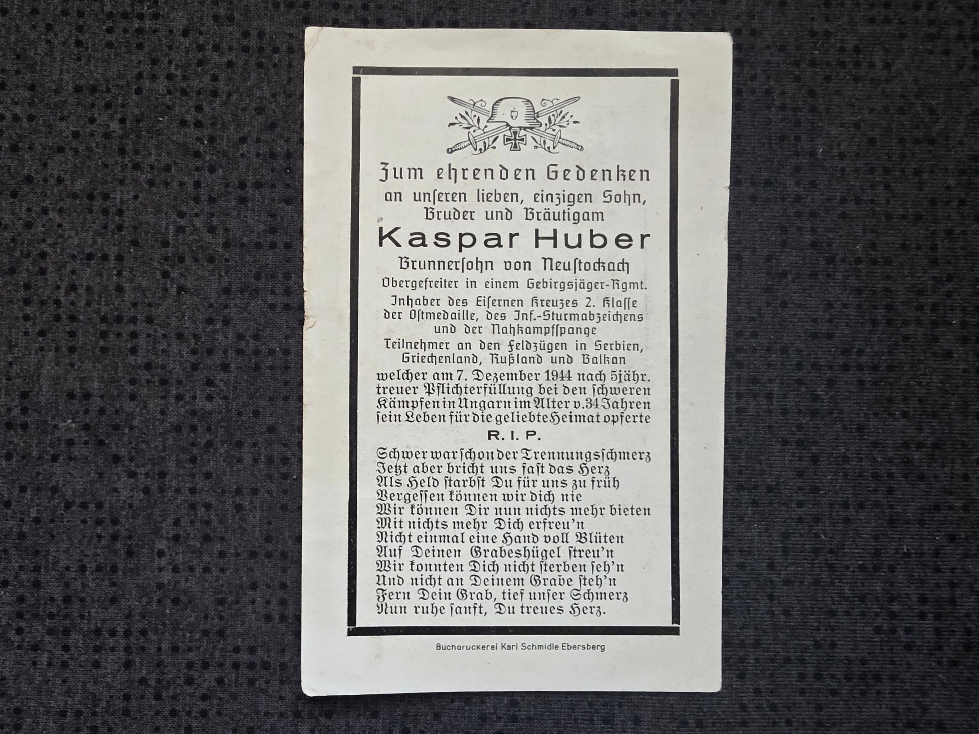 Sterbebild Obergefreiter Neustockach Gebirgsjäger Regt. NKS Ungarn Kroatien - www.mmilitaria.com