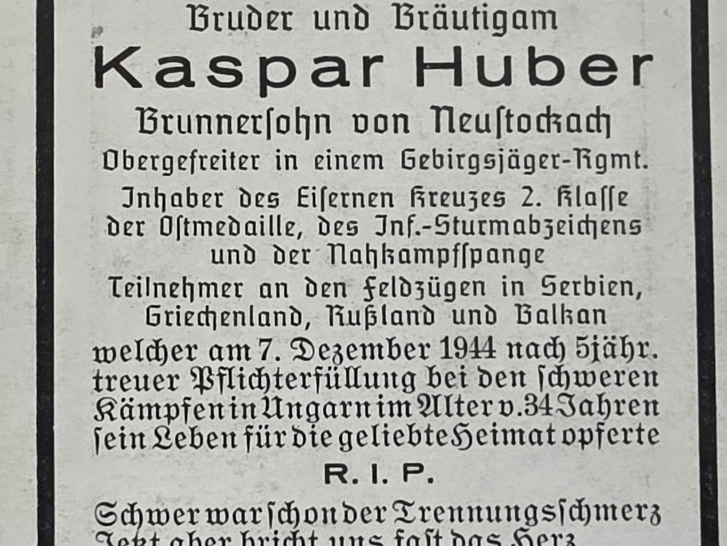 Sterbebild Obergefreiter Neustockach Gebirgsjäger Regt. NKS Ungarn Kroatien - www.mmilitaria.com