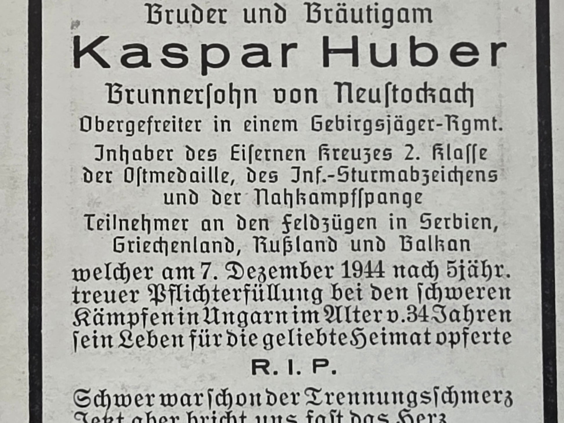 Sterbebild Obergefreiter Neustockach Gebirgsjäger Regt. NKS Ungarn Kroatien - www.mmilitaria.com