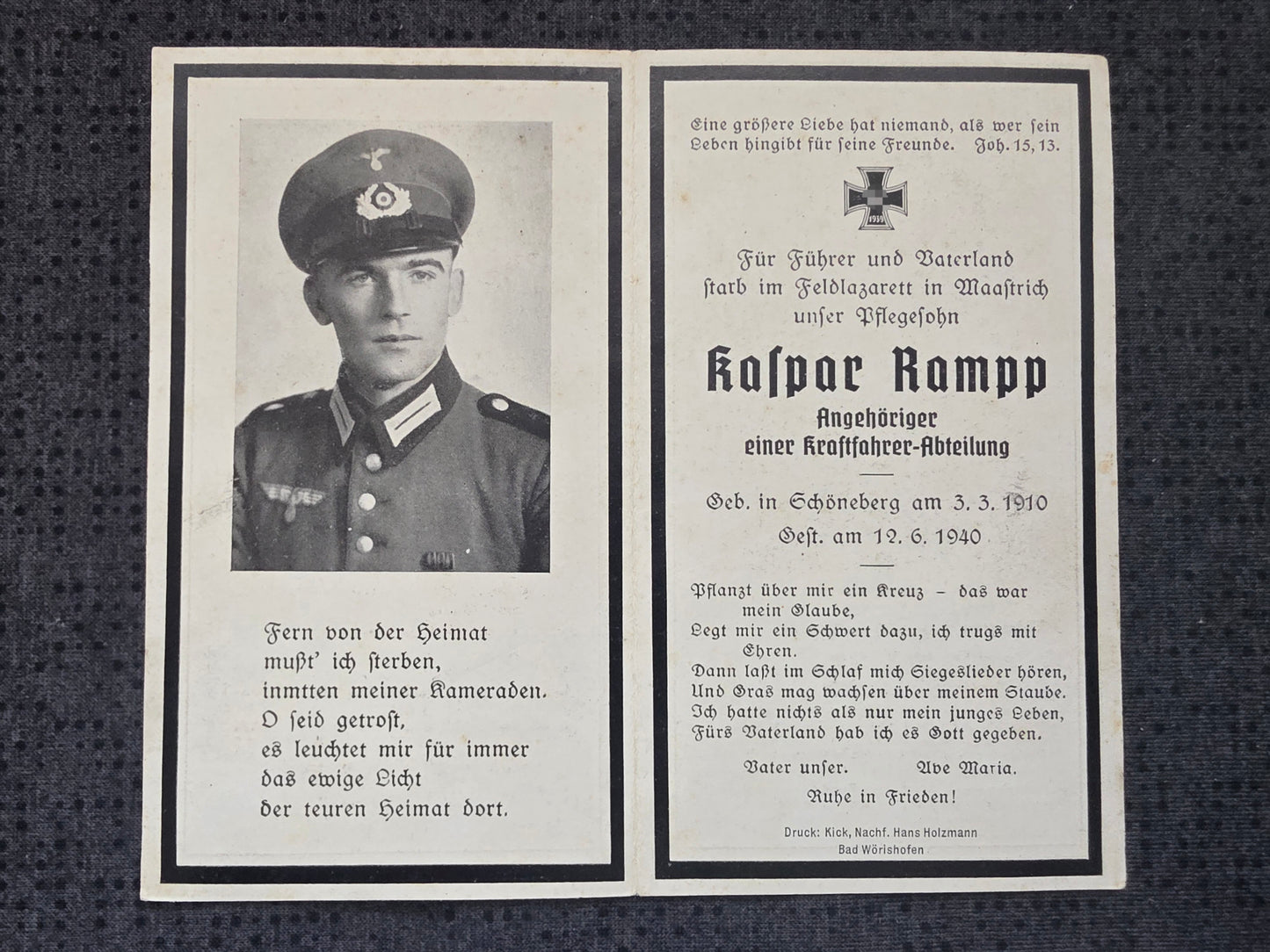 Sterbebild Soldat Schöneberg Sanitäts-Bereitschaft 2/IV Maastricht Ysselsteyn Holland - www.mmilitaria.com