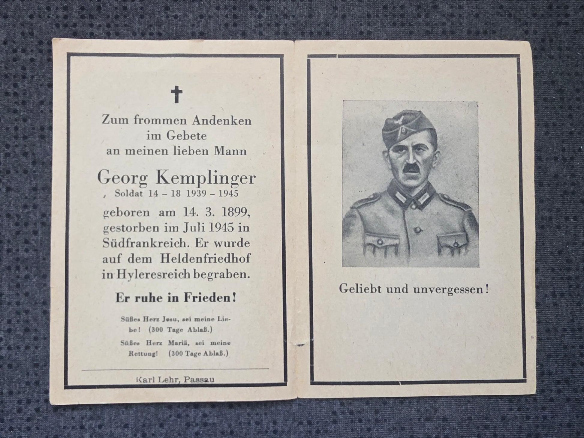 Sterbebild Landesschütze WK I Veteran POW Hyères Frankreich - www.mmilitaria.com