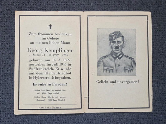 Sterbebild Landesschütze WK I Veteran POW Hyères Frankreich - www.mmilitaria.com