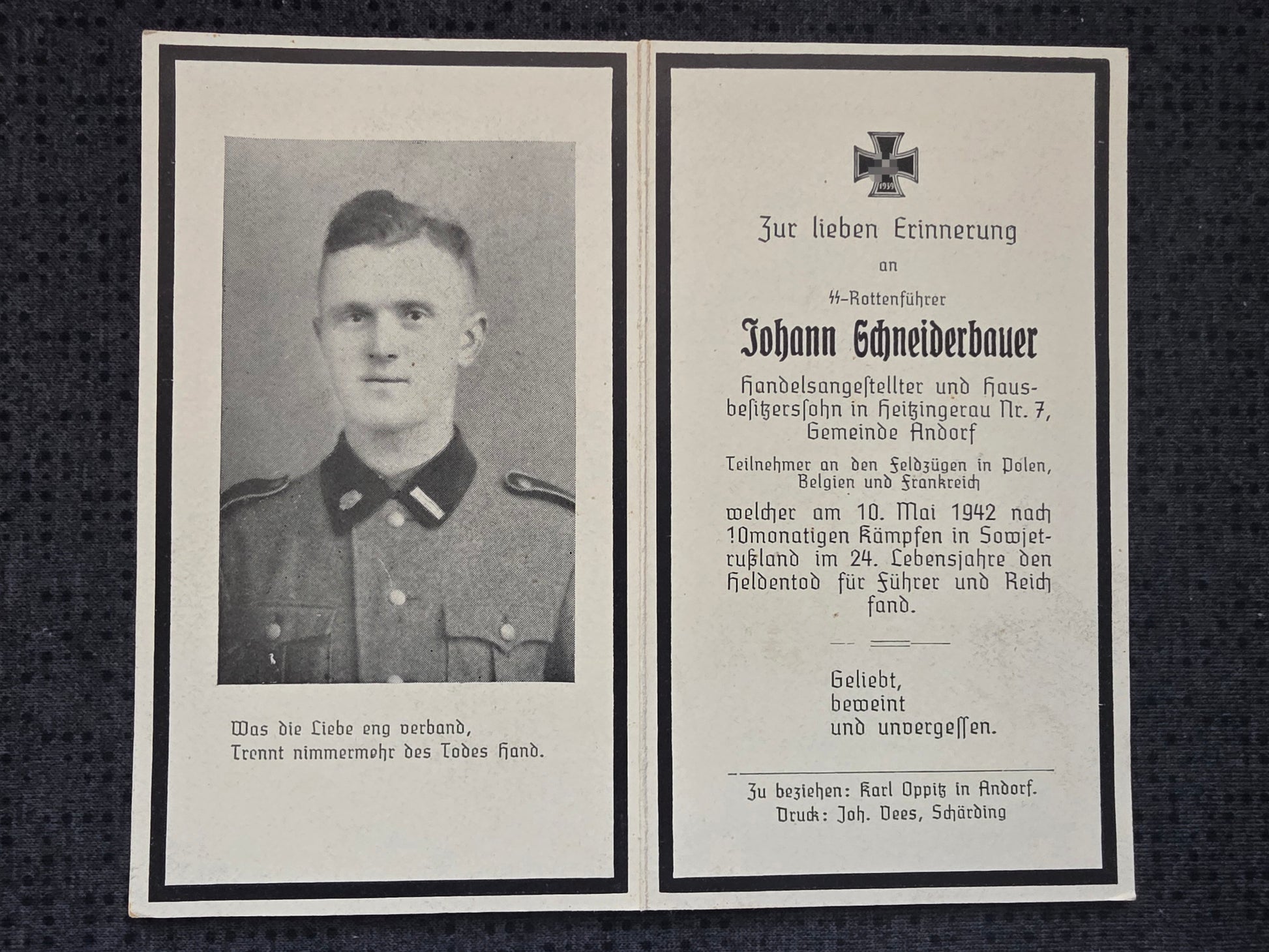 Sterbebild SS-Rottenführer Andorf 12. Komp. SS-Totenkopf-Inf. Regt. 1 Russland - www.mmilitaria.com