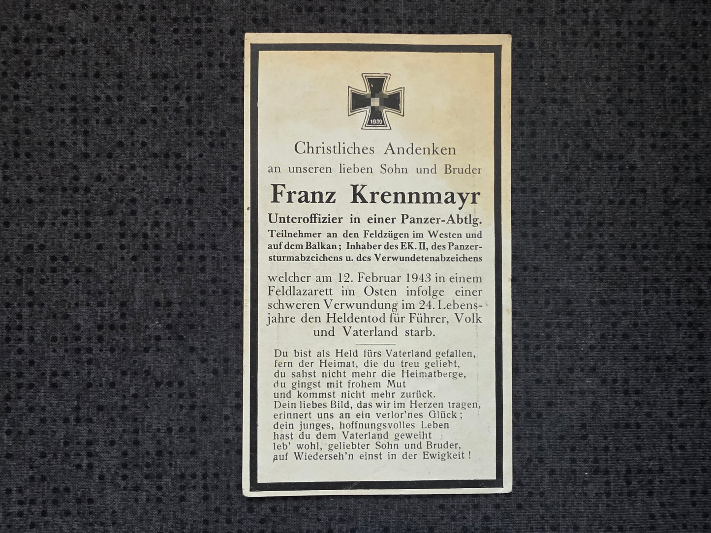 Sterbebild Unteroffizier Inzersdorf 1. Komp. Schwere Panzer Abt. 502 PSA Mischkino Russland - www.mmilitaria.com