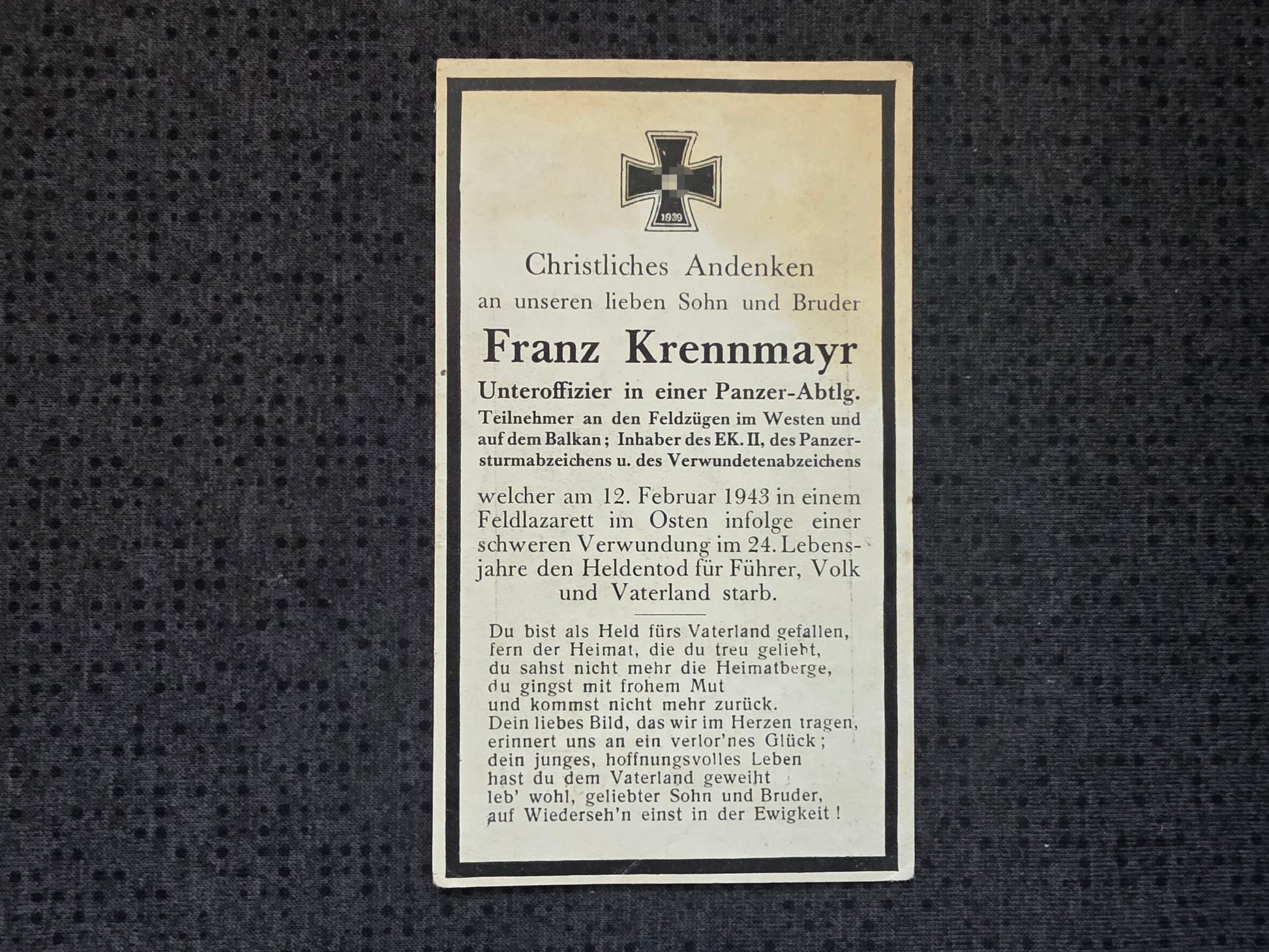 Sterbebild Unteroffizier Inzersdorf 1. Komp. Schwere Panzer Abt. 502 PSA Mischkino Russland - www.mmilitaria.com