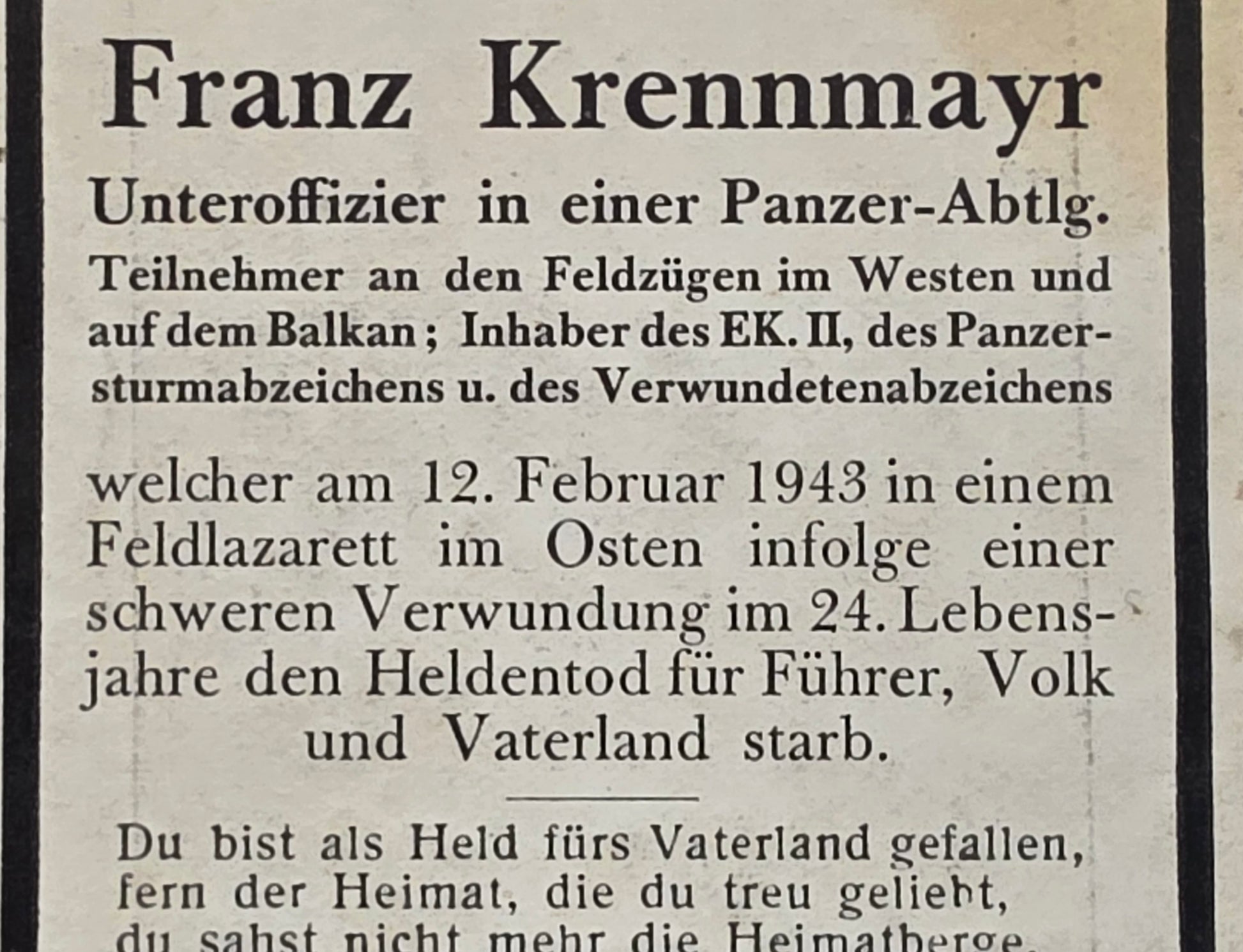 Sterbebild Unteroffizier Inzersdorf 1. Komp. Schwere Panzer Abt. 502 PSA Mischkino Russland - www.mmilitaria.com