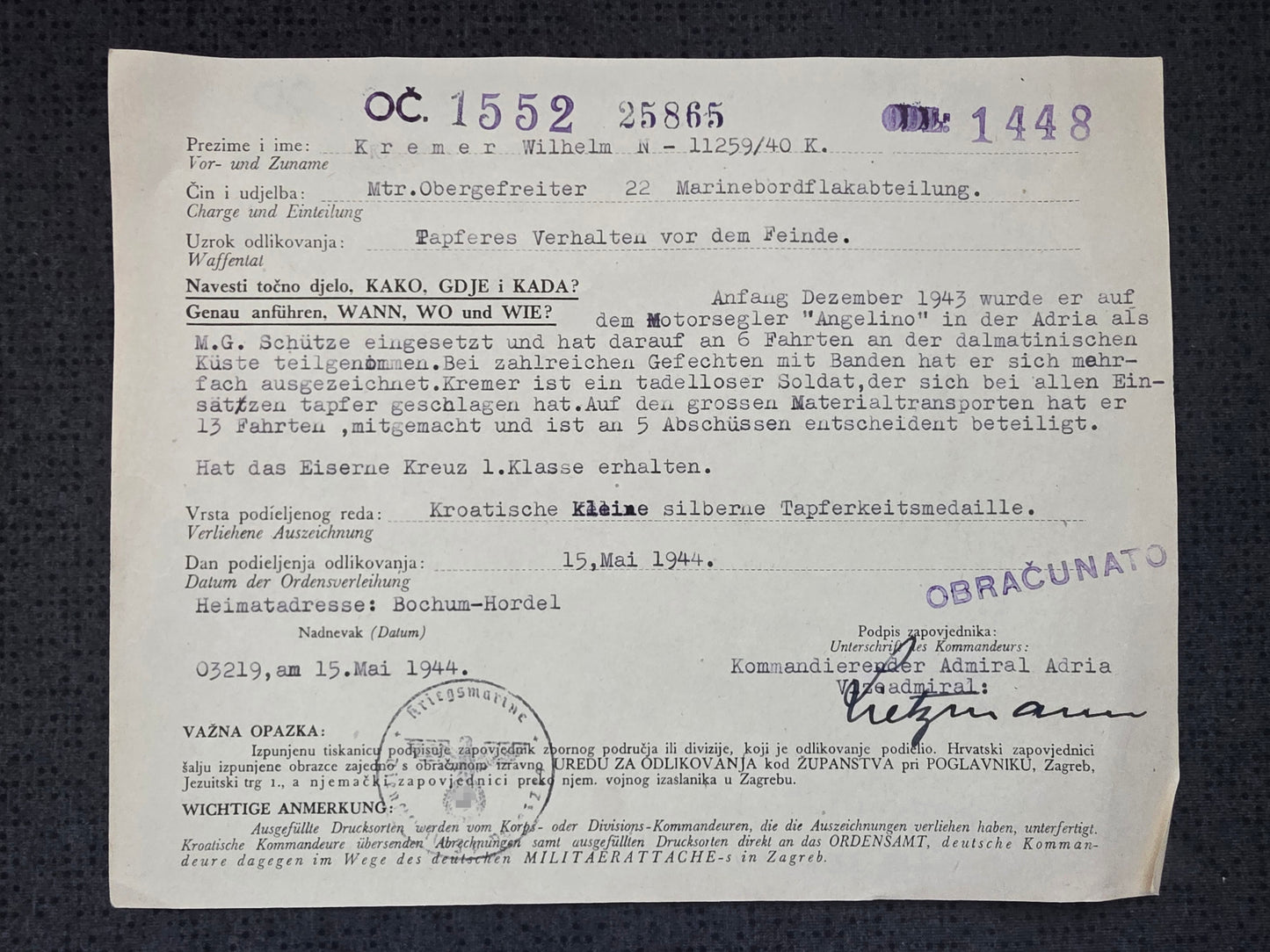 Verleihungsurkunde (kroatisch) Tapferkeitsmedaille Mtr.ObGfr Marinebordflakabt. 22 - www.mmilitaria.com