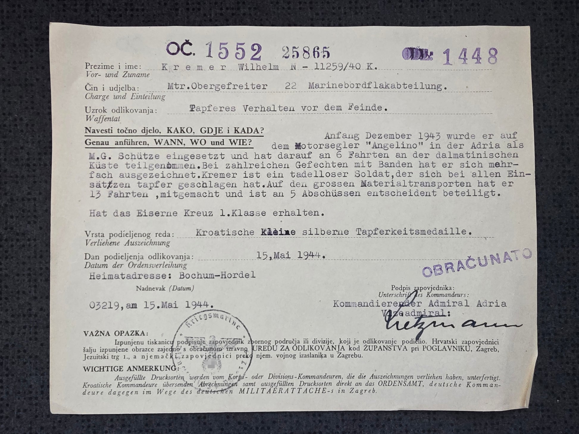Verleihungsurkunde (kroatisch) Tapferkeitsmedaille Mtr.ObGfr Marinebordflakabt. 22 - www.mmilitaria.com