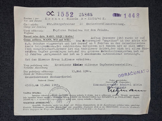 Verleihungsurkunde (kroatisch) Tapferkeitsmedaille Mtr.ObGfr Marinebordflakabt. 22 - www.mmilitaria.com