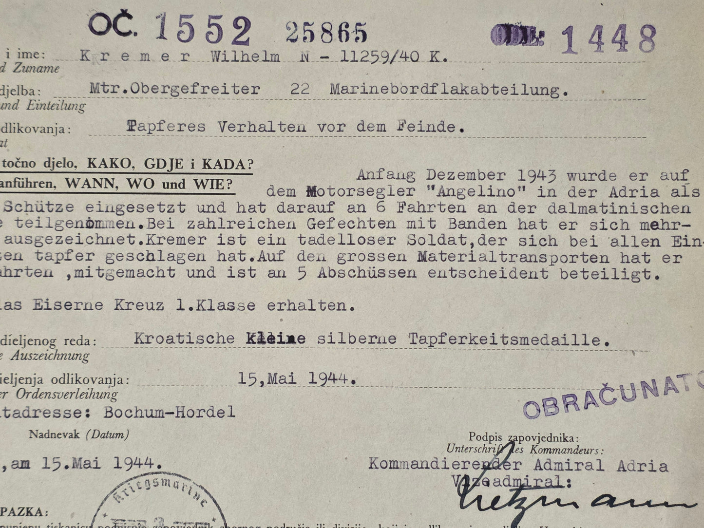 Verleihungsurkunde (kroatisch) Tapferkeitsmedaille Mtr.ObGfr Marinebordflakabt. 22 - www.mmilitaria.com