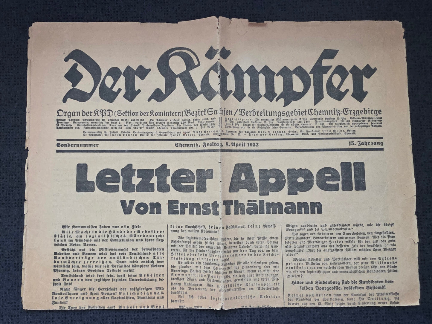 Zeitung von 1932 "Der Kämpfer" Ausgabe Chemnitz KPD Kommunistische Tageszeitung - www.mmilitaria.com