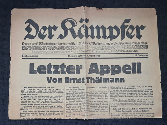 Zeitung von 1932 "Der Kämpfer" Ausgabe Chemnitz KPD Kommunistische Tageszeitung - www.mmilitaria.com