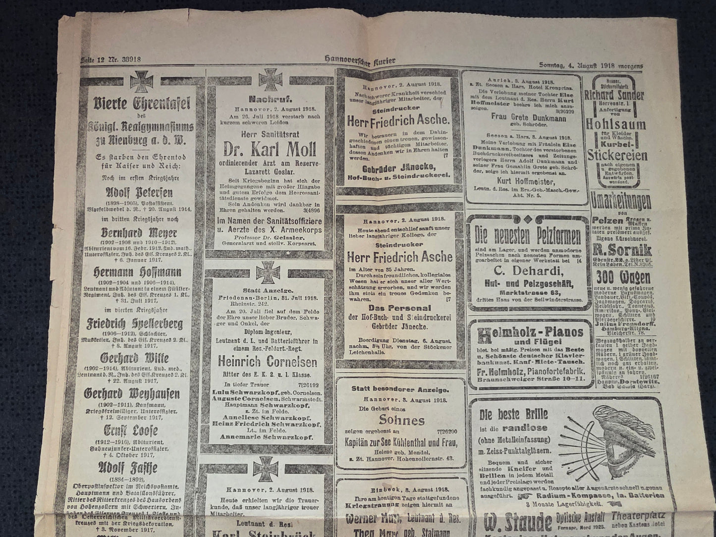 WKI Zeitung "Hannoversche Kurier" von August 1918 Todesanzeigen - www.mmilitaria.com