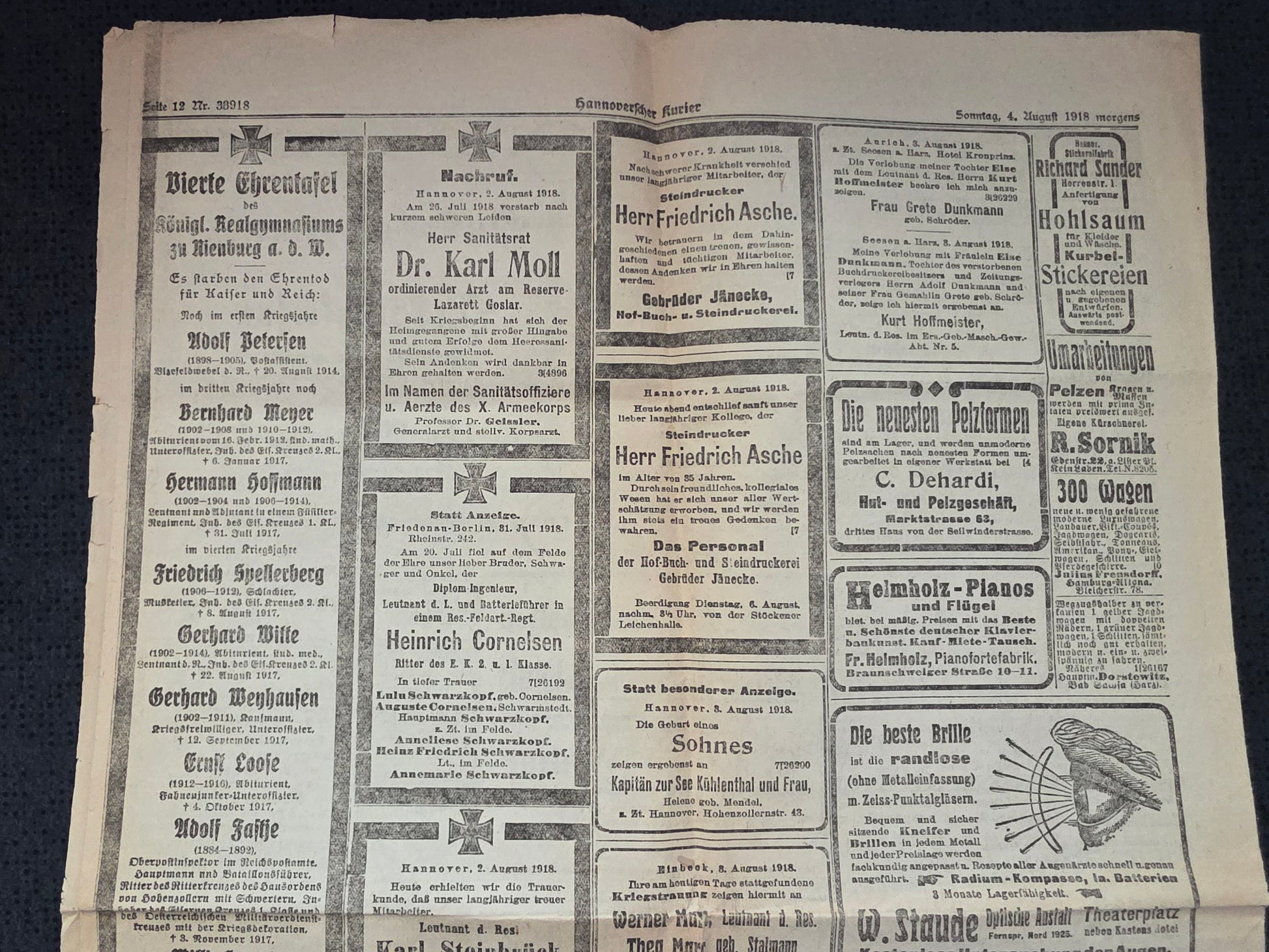 WKI Zeitung "Hannoversche Kurier" von August 1918 Todesanzeigen - www.mmilitaria.com