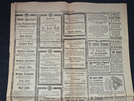 WKI Zeitung "Hannoversche Kurier" von August 1918 Todesanzeigen - www.mmilitaria.com