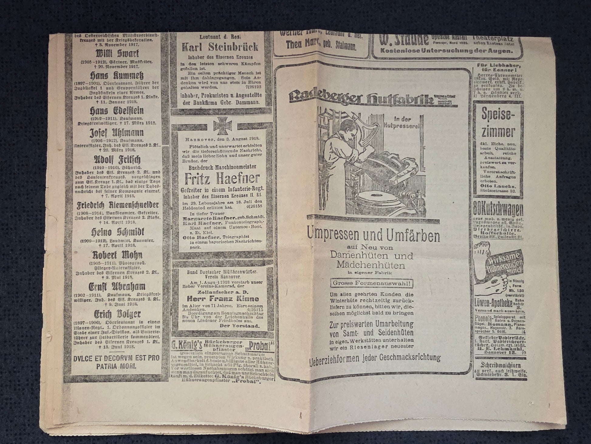 WKI Zeitung "Hannoversche Kurier" von August 1918 Todesanzeigen - www.mmilitaria.com