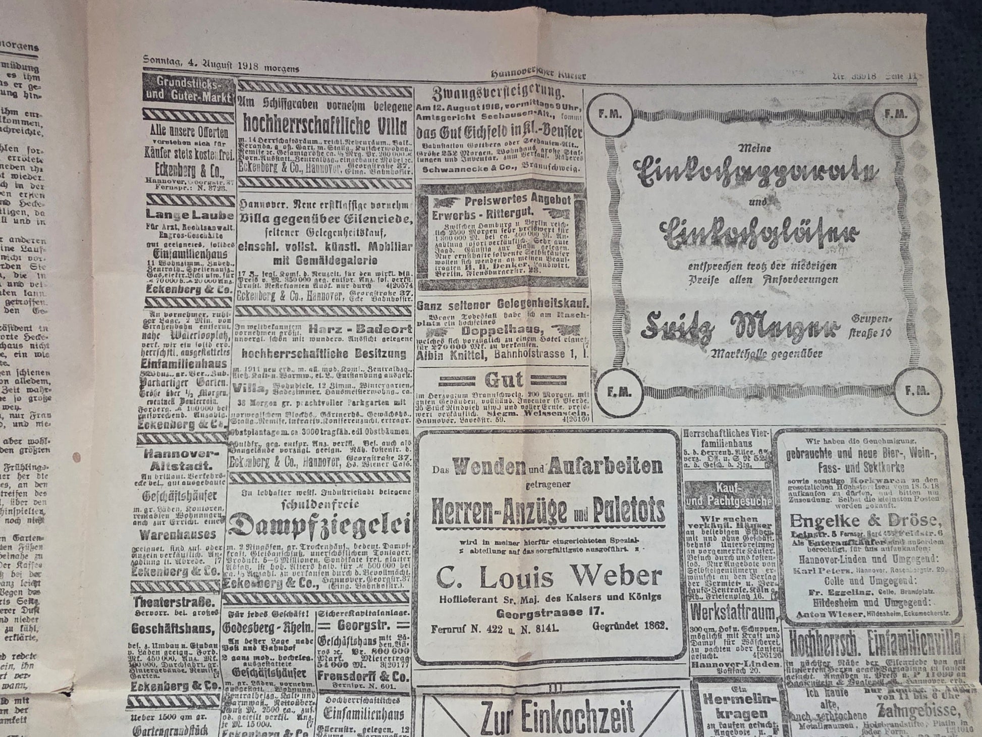 WKI Zeitung "Hannoversche Kurier" von August 1918 Todesanzeigen - www.mmilitaria.com