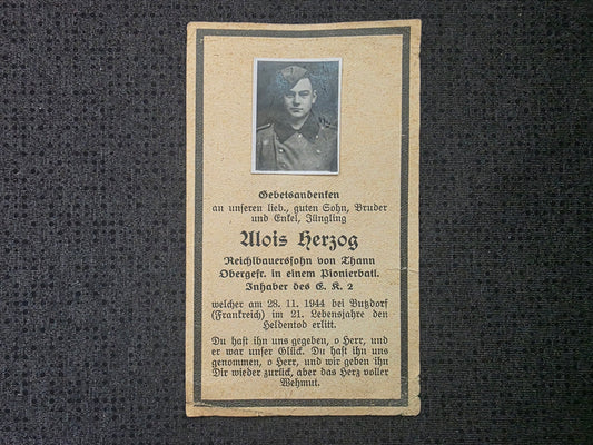 Sterbebild Obergefreiter Thann Pionier Btl. Echtfoto Butzdorf Elsaß Saarland Frankreich Luxemburg - www.mmilitaria.com