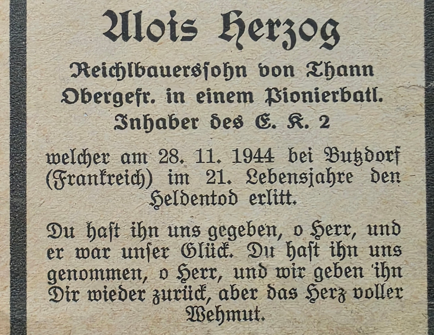 Sterbebild Obergefreiter Thann Pionier Btl. Echtfoto Butzdorf Elsaß Saarland Frankreich Luxemburg - www.mmilitaria.com