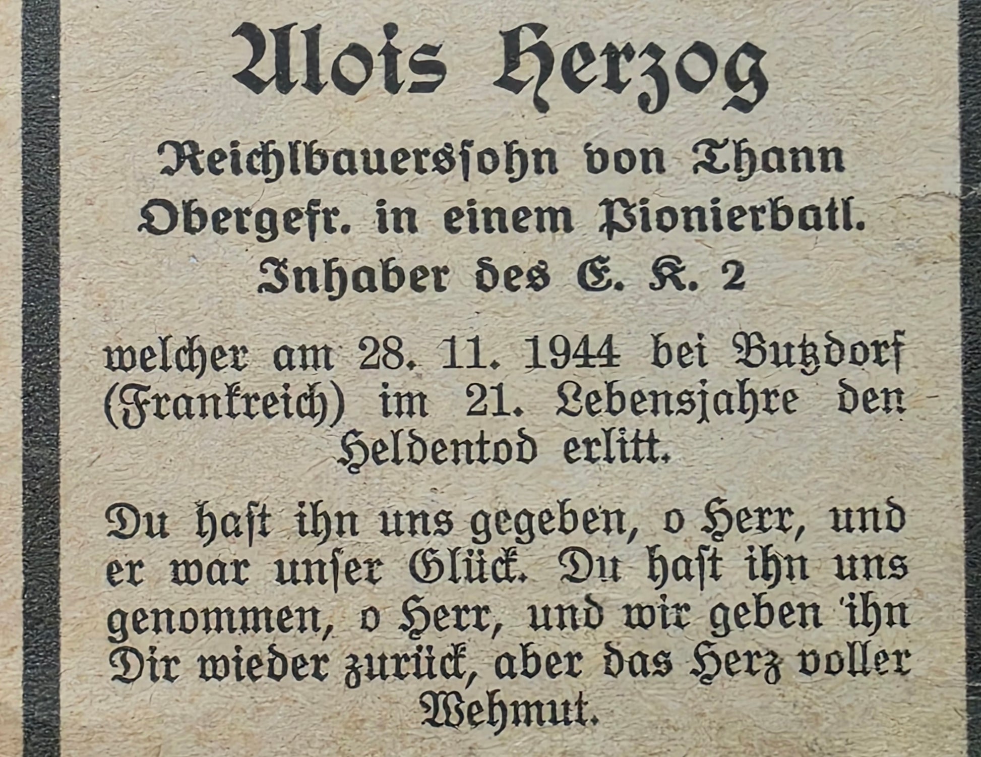 Sterbebild Obergefreiter Thann Pionier Btl. Echtfoto Butzdorf Elsaß Saarland Frankreich Luxemburg - www.mmilitaria.com
