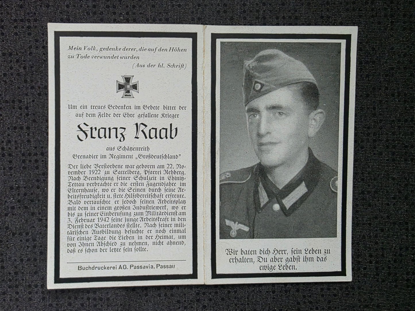 Sterbebild Grenadier Sattelberg 15. Komp. Gren. Regt. "Großdeutschland" GD Wannino-Motorino Russland