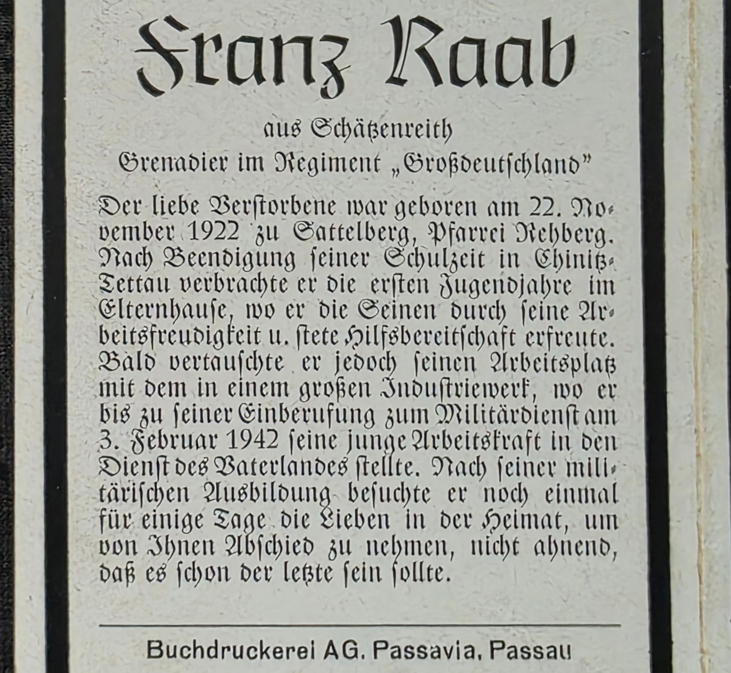 Sterbebild Grenadier Sattelberg 15. Komp. Gren. Regt. "Großdeutschland" GD Wannino-Motorino Russland