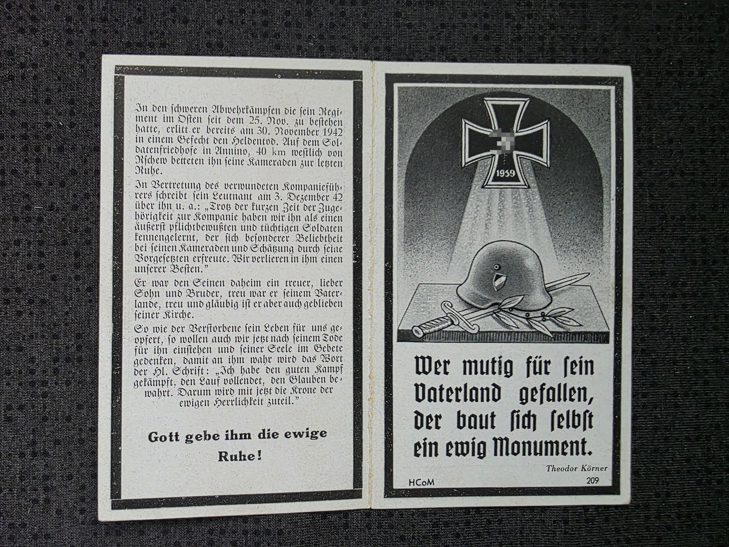 Sterbebild Grenadier Sattelberg 15. Komp. Gren. Regt. "Großdeutschland" GD Wannino-Motorino Russland