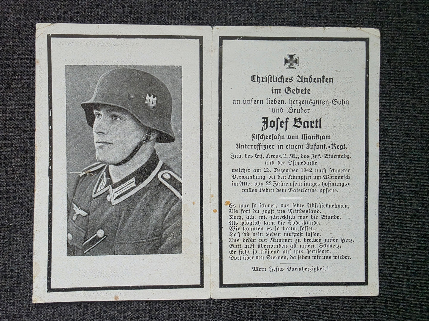 Sterbebild Unteroffizier Mankham 5. Gren. Regt. 217 Woronesch Russland
