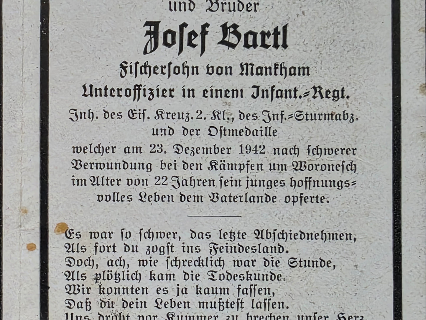 Sterbebild Unteroffizier Mankham 5. Gren. Regt. 217 Woronesch Russland