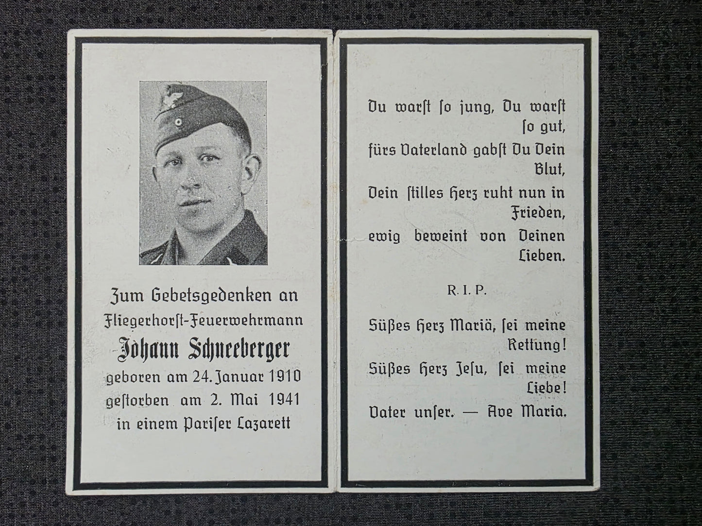 Sterbebild Fliegerhorst-Feuerwehrmann Tegernheim Paris-Clichy Champigny-la-Futelaye Frankreich
