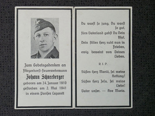 Sterbebild Fliegerhorst-Feuerwehrmann Tegernheim Paris-Clichy Champigny-la-Futelaye Frankreich