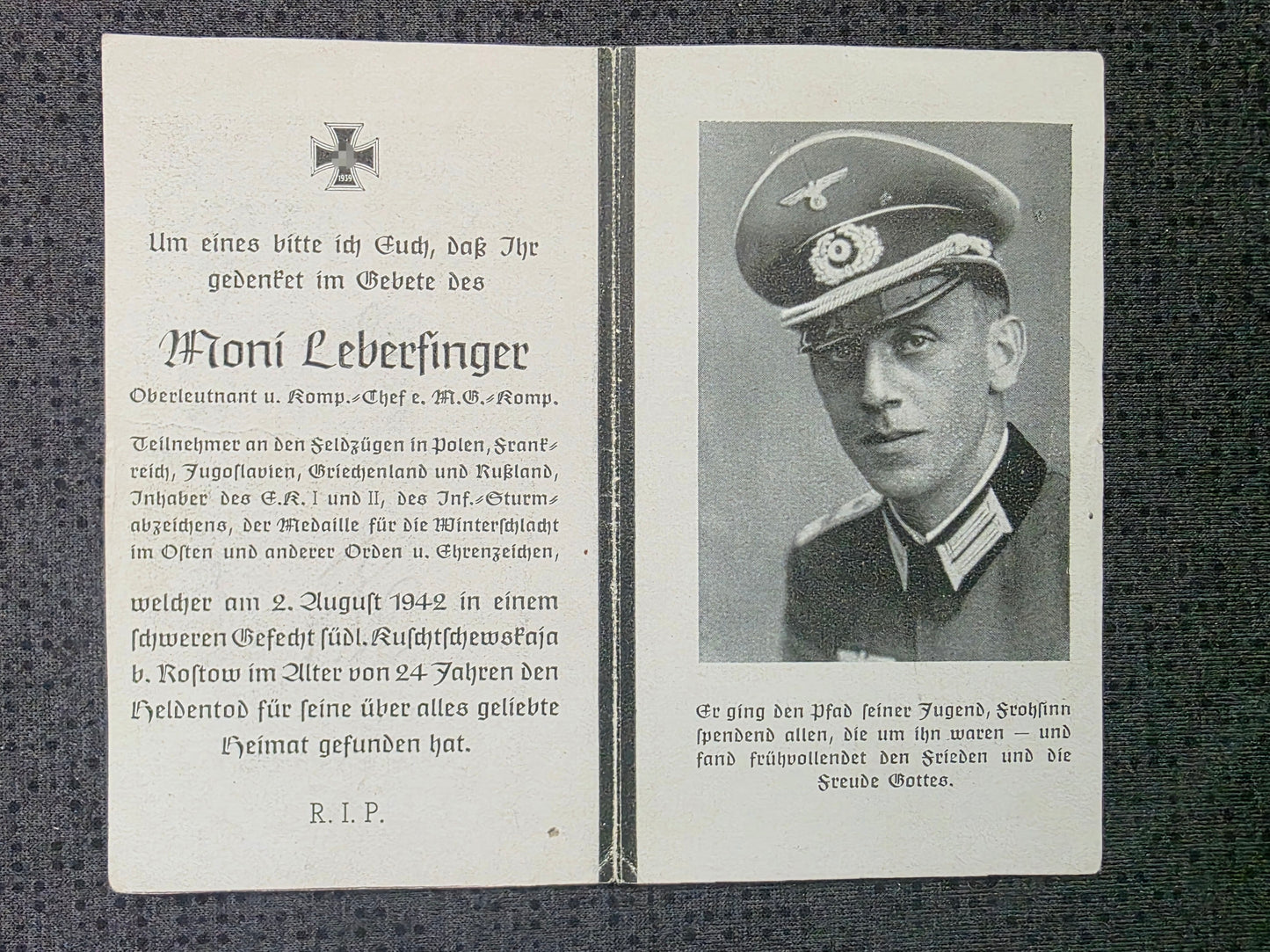 Sterbebild Oberleutnant München KP-Chef 4. Gren. Regt. 186 Rostow Russland