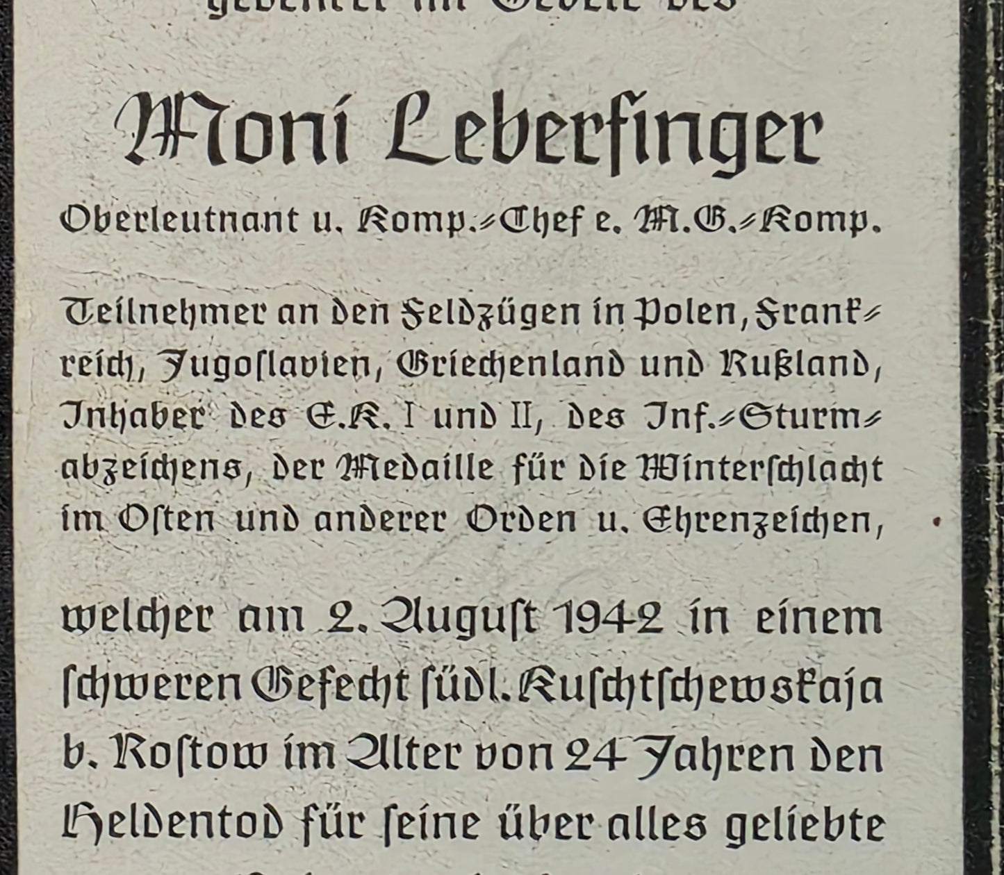 Sterbebild Oberleutnant München KP-Chef 4. Gren. Regt. 186 Rostow Russland