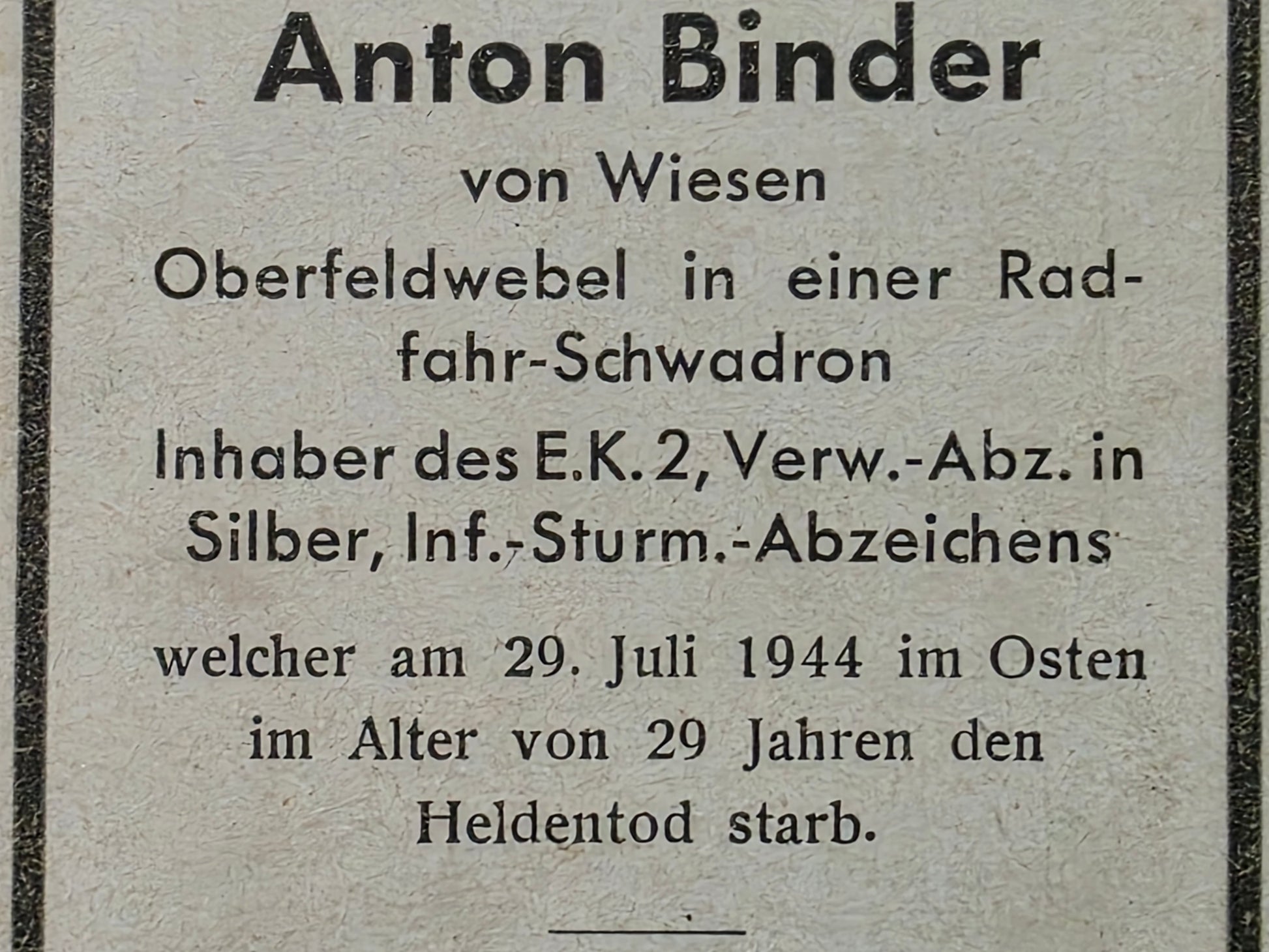 Sterbebild Oberfeldwebel Wiesen Radfahr-Schwadron Osten - www.mmilitaria.com
