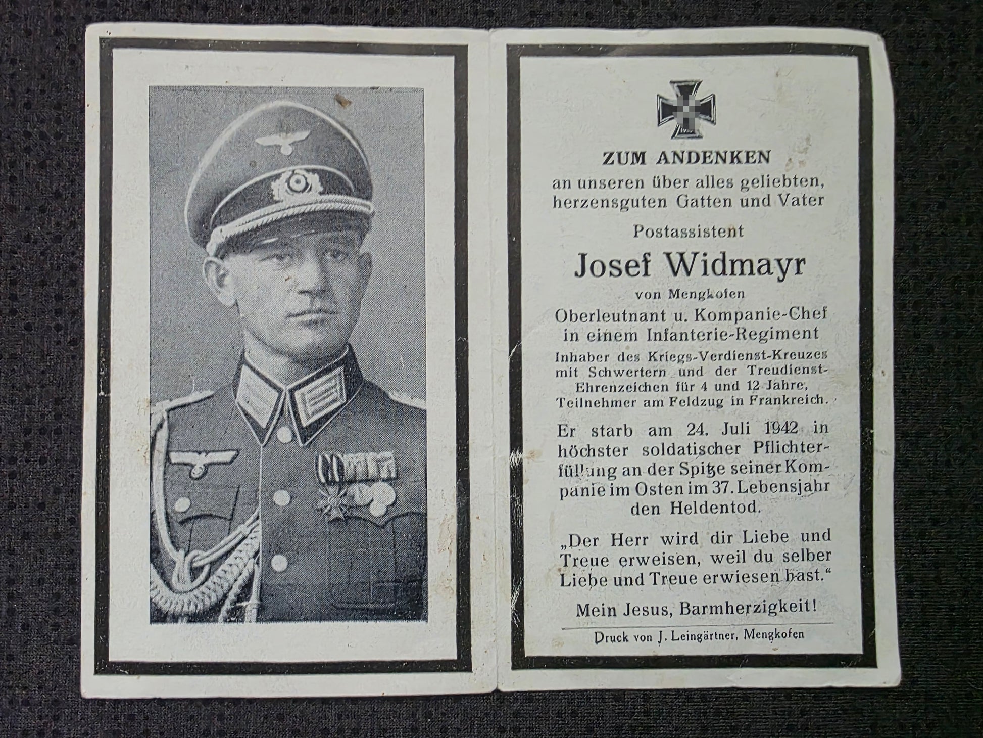 Sterbebild Hauptmann Weilach KP-Chef 11. Komp. Inf. Regt. 542 Treudienst-Abz. 12 Jahre Mal Treschewka Russland - www.mmilitaria.com