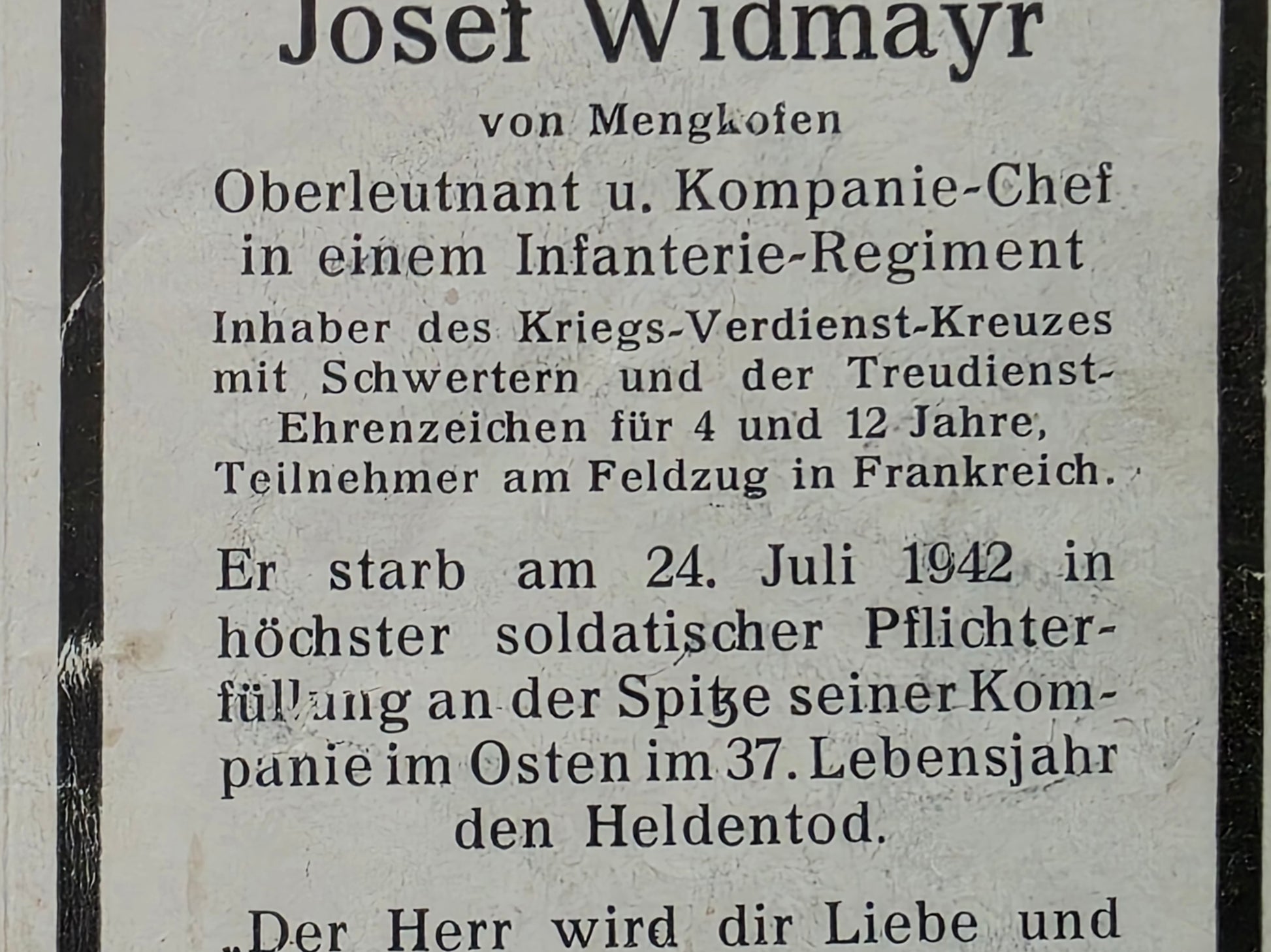 Sterbebild Hauptmann Weilach KP-Chef 11. Komp. Inf. Regt. 542 Treudienst-Abz. 12 Jahre Mal Treschewka Russland - www.mmilitaria.com