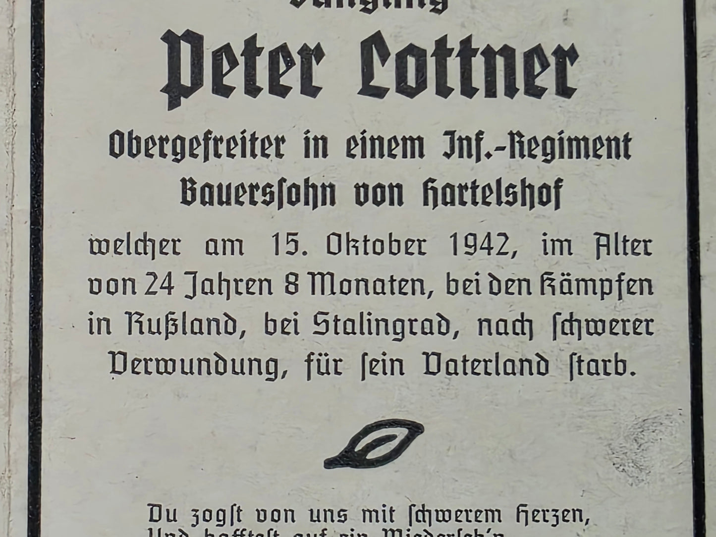 Sterbebild Obergefreiter Hartelshof 11. Komp. Inf. Regt. 577 Stalingrad Russland