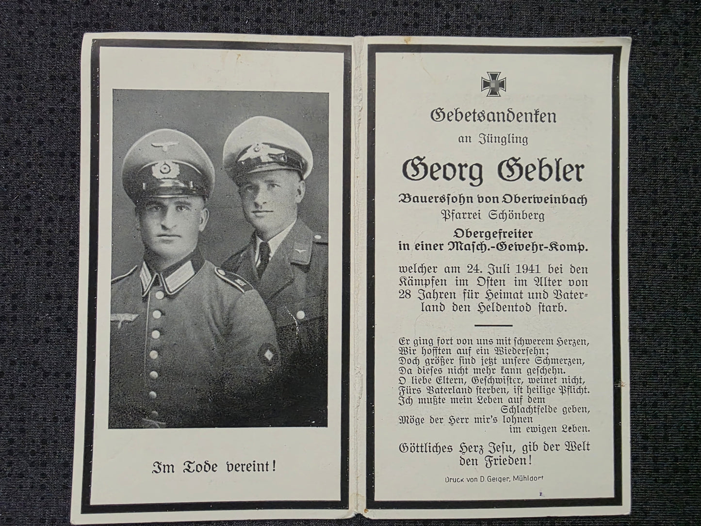 Sterbebild Obergefreiter Oberweinbach 8. (MG) Komp. Inf. Regt. 179 Kalinowka Russland - www.mmilitaria.com